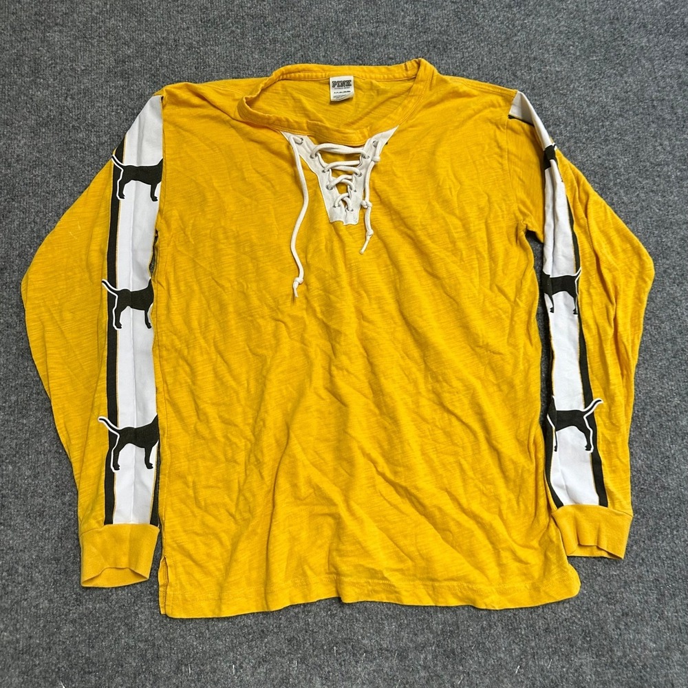 Pink Long Sleeve Shirt Womens Size S Yellow Lace Up V-Neck Logo Stripe Slub Knit